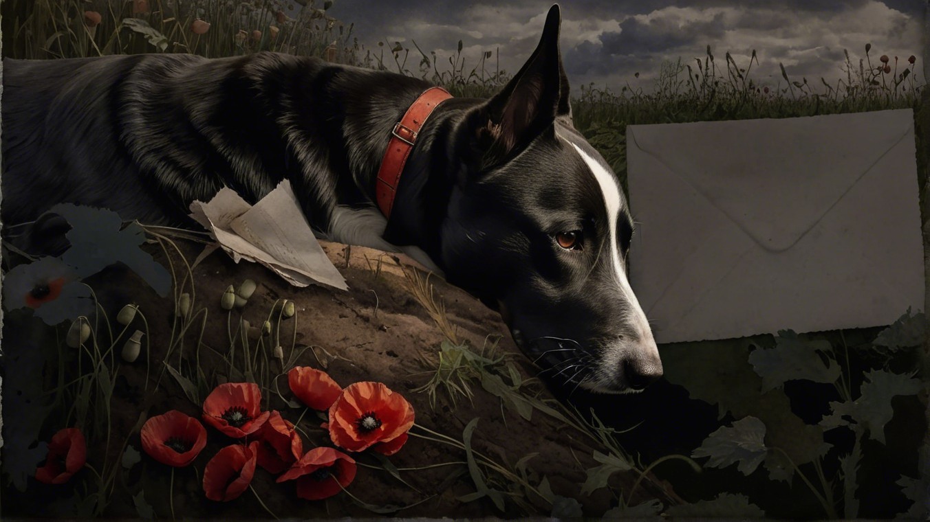 Dog with Black and White Coat Among Poppies and Foliage
