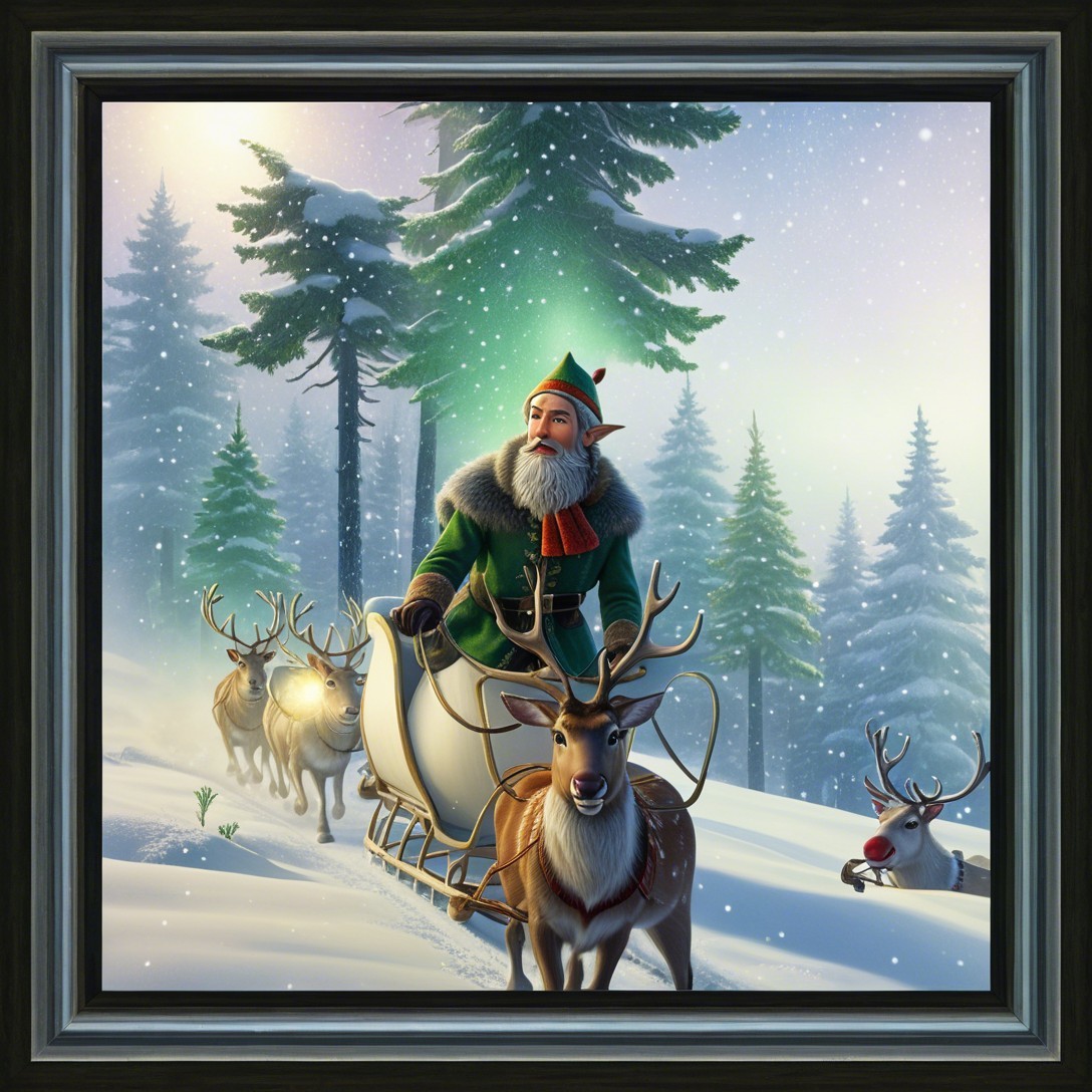 Old man in green suit riding sleigh in snowy forest
