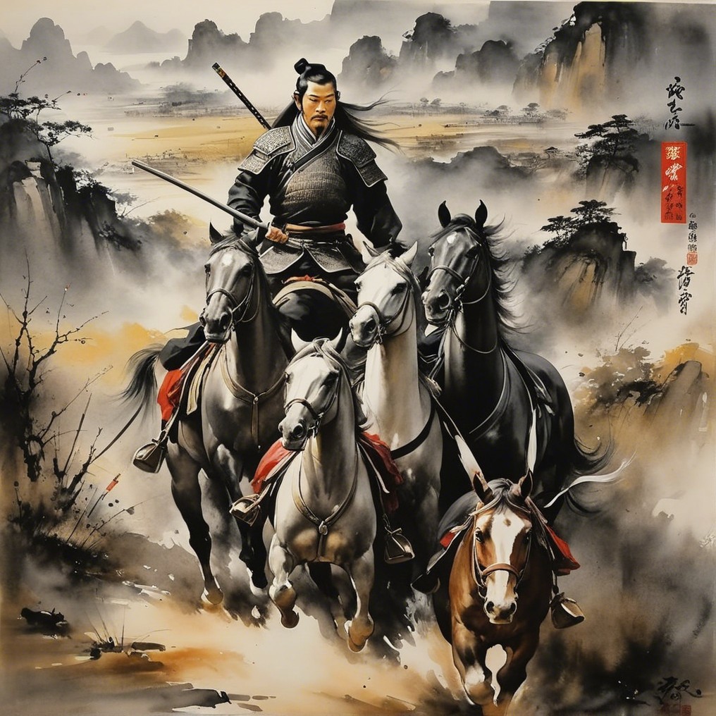 Warrior in Armor Riding Four Horses in Dramatic Landscape