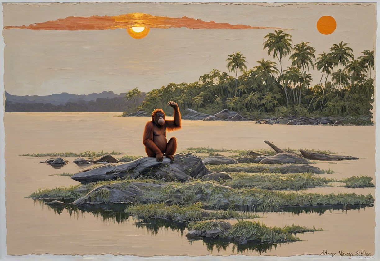 Serene Landscape with Orangutan and Vibrant Suns