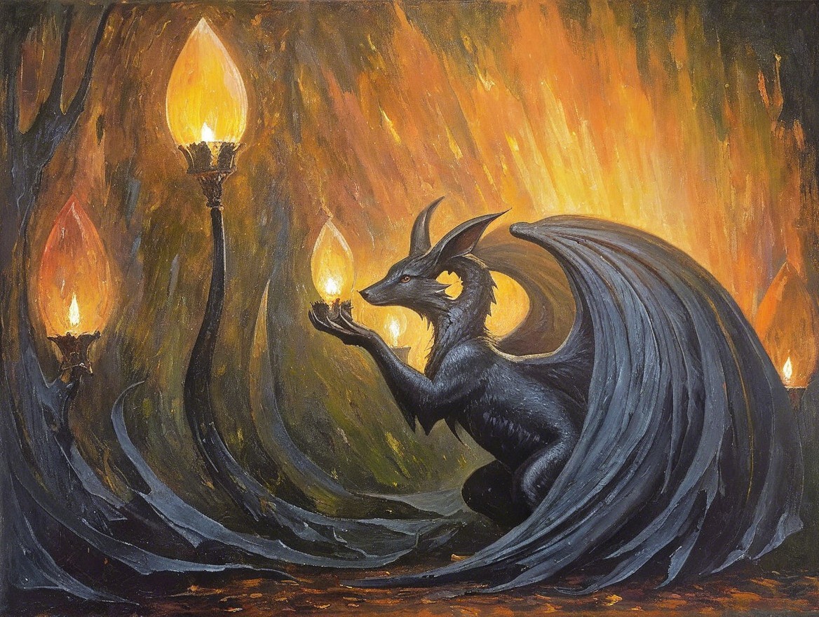 Dark Winged Dragon with Glowing Orb in Mystical Setting
