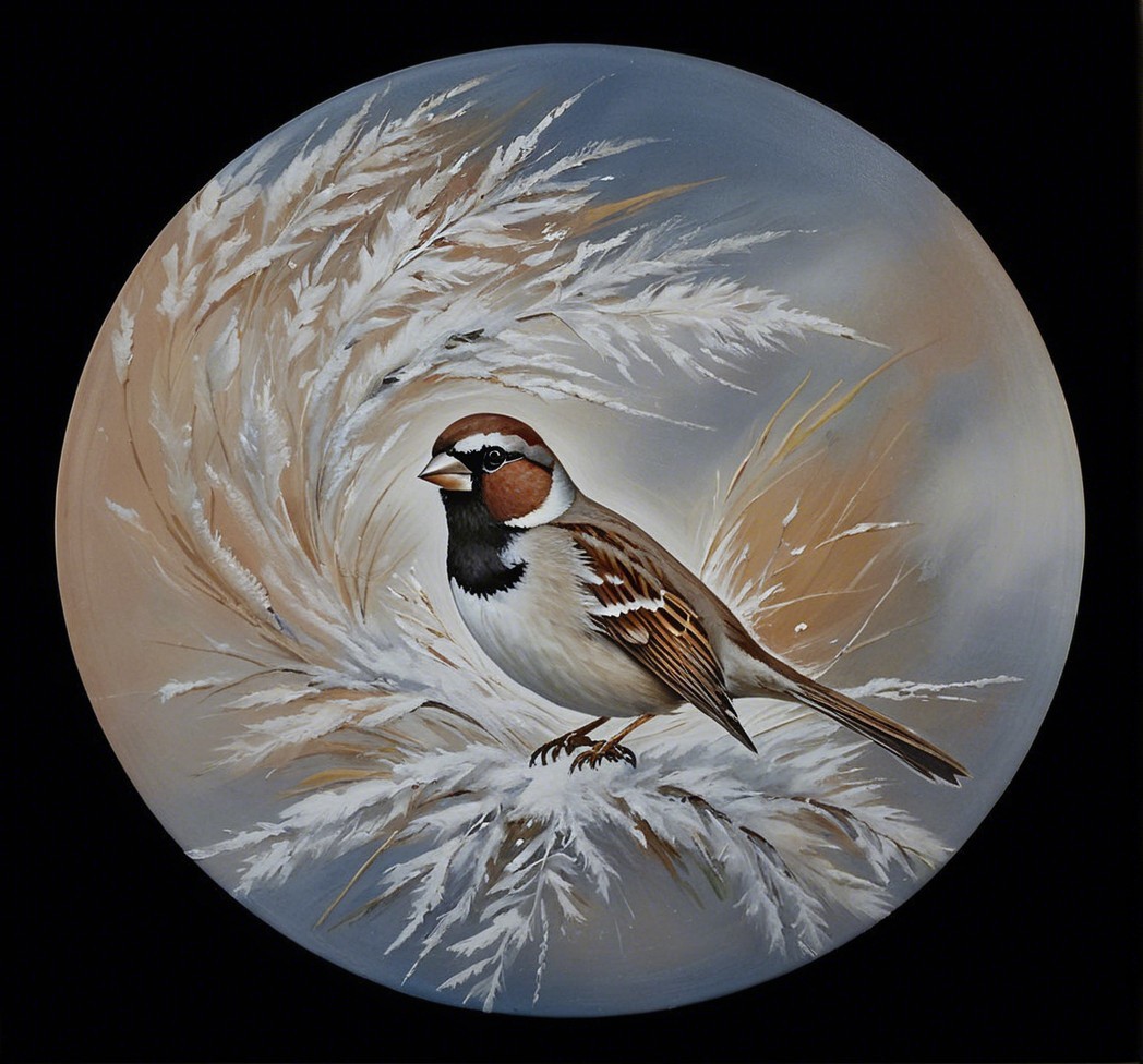 Round Canvas Depicting Bird in Frosty Grasses
