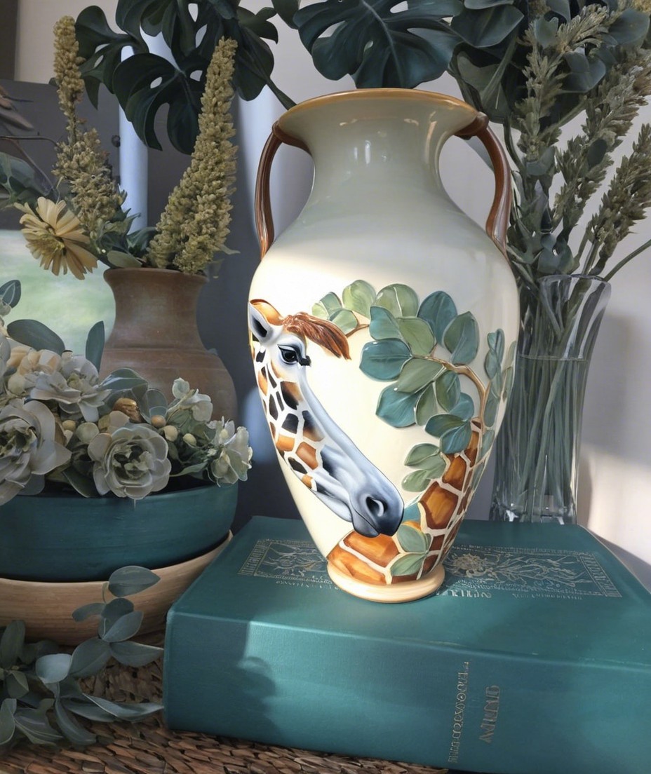 Whimsical Giraffe Vase Surrounded by Floral Arrangements