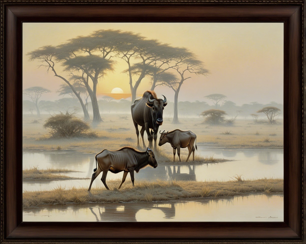 Wildebeest Family at Watering Hole in African Savannah