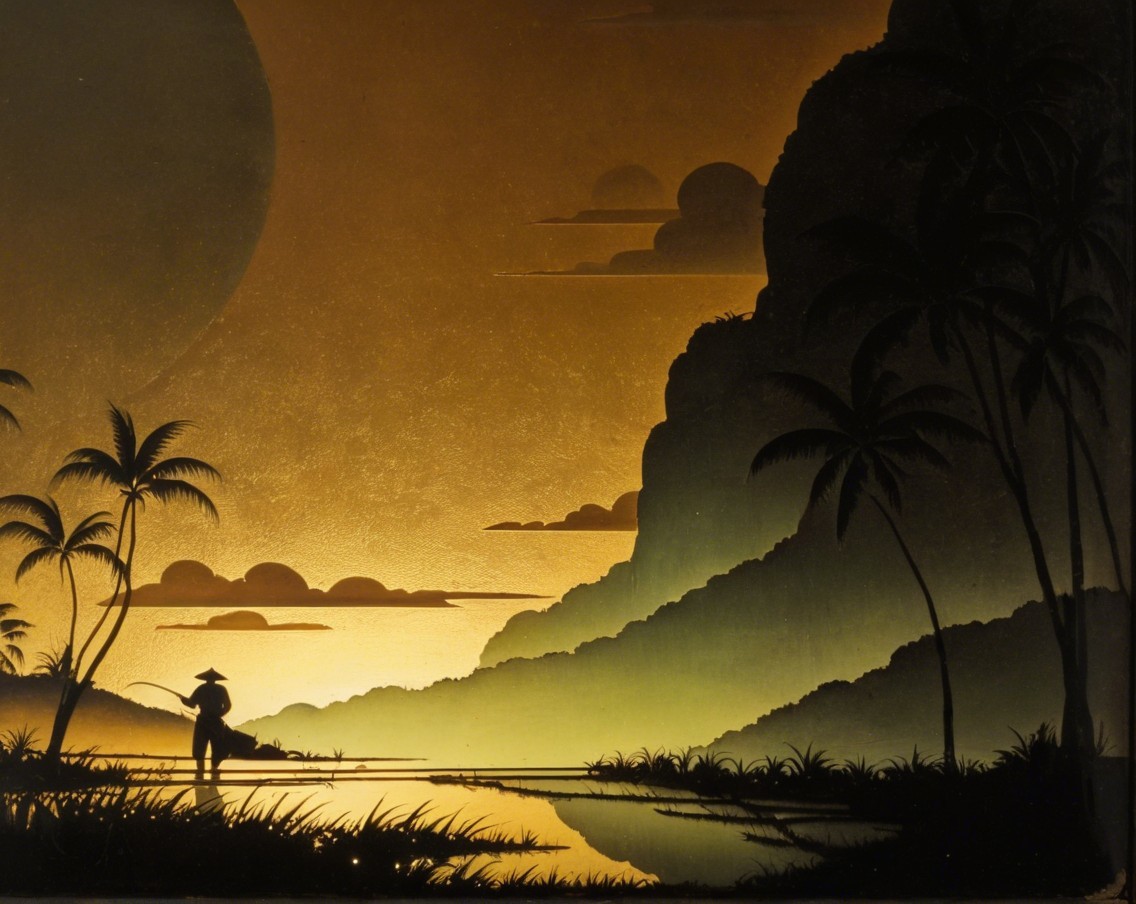 Serene Dusk Landscape with Silhouetted Figure and Waterway