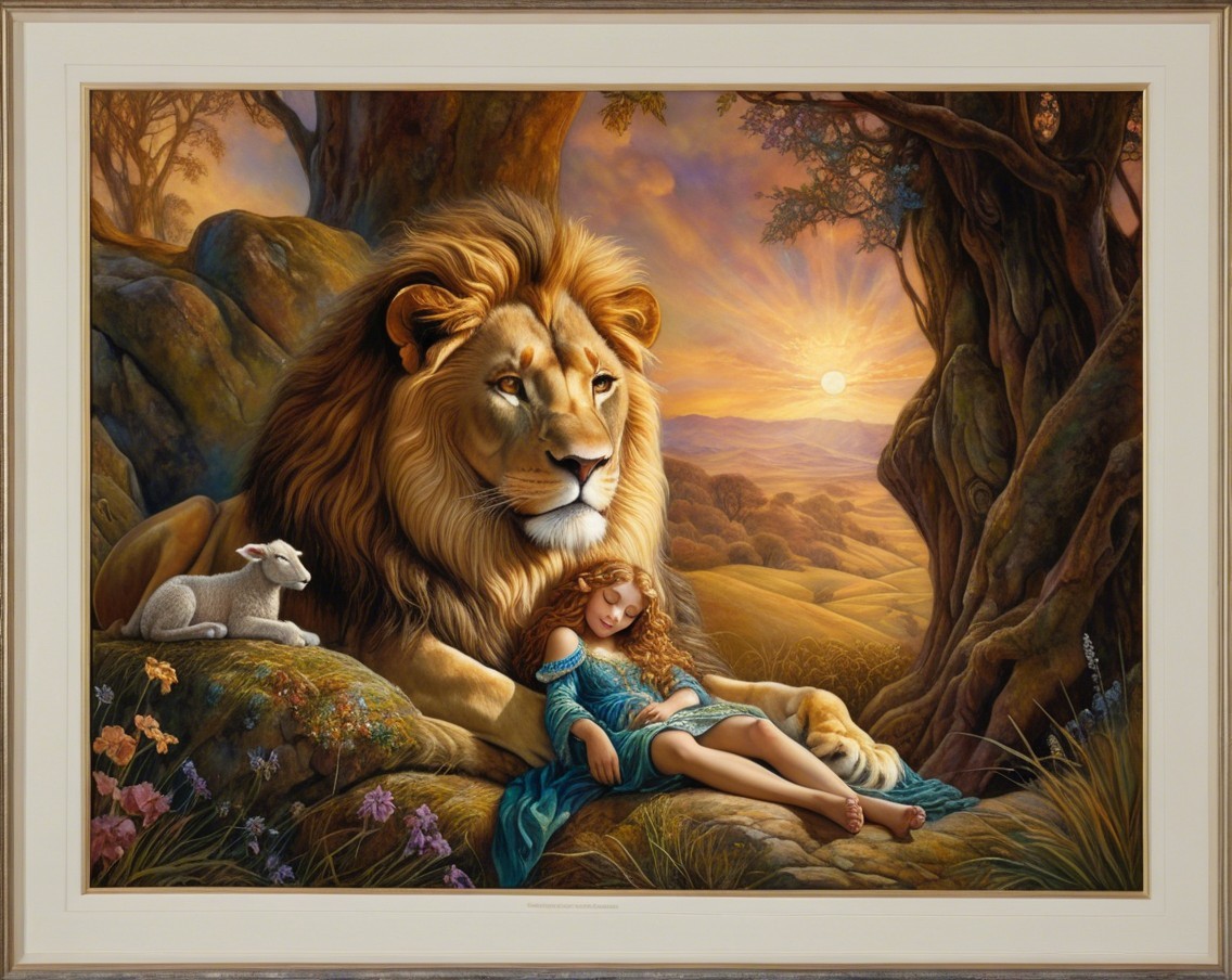Lion and Sleeping Girl in Serene Sunset Landscape