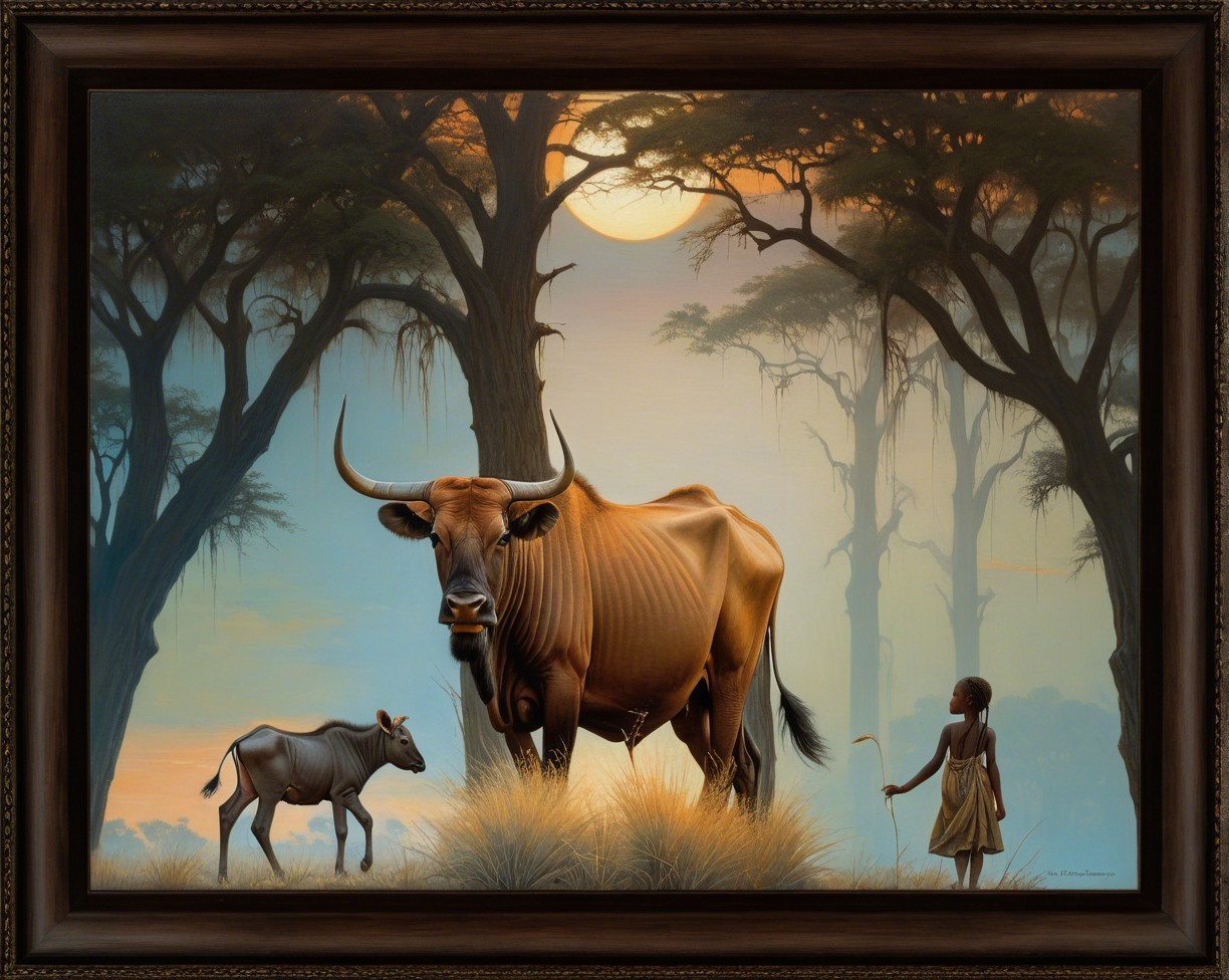 Fantasy Art Painting of Bovid in Savanna Landscape