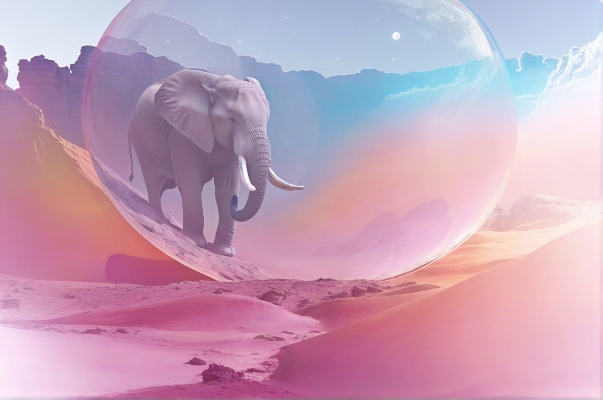 Surreal Landscape with Elephant in Translucent Bubble