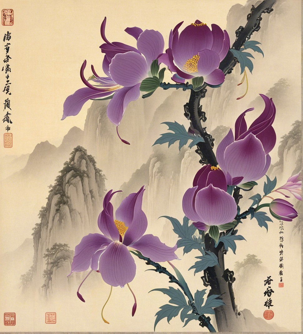 Detailed Painting of Purple Orchids with Calligraphy
