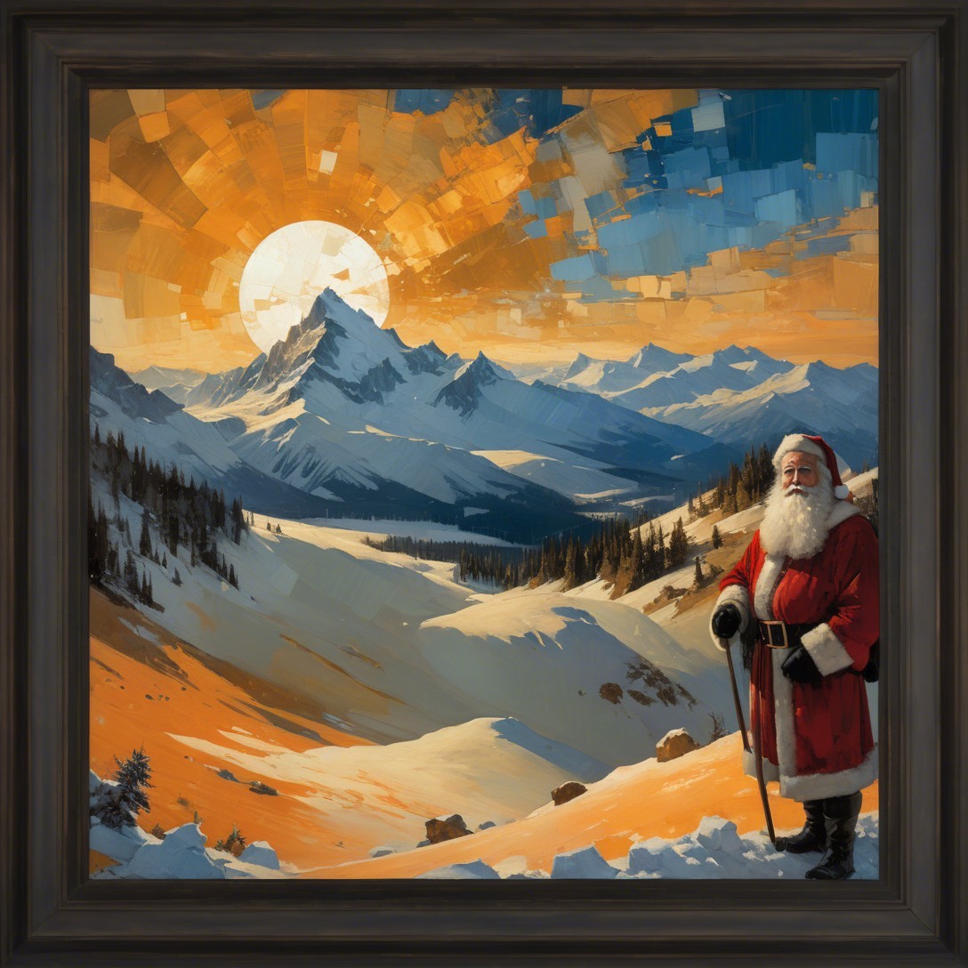 Oil Painting of Santa Claus in Snowy Sunset Landscape