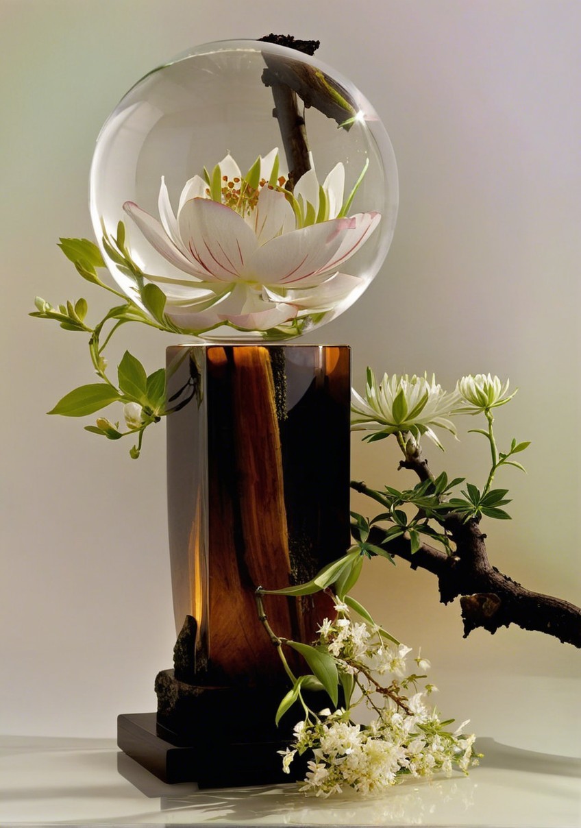 Floral Arrangement with White Lotus Under Glass Dome