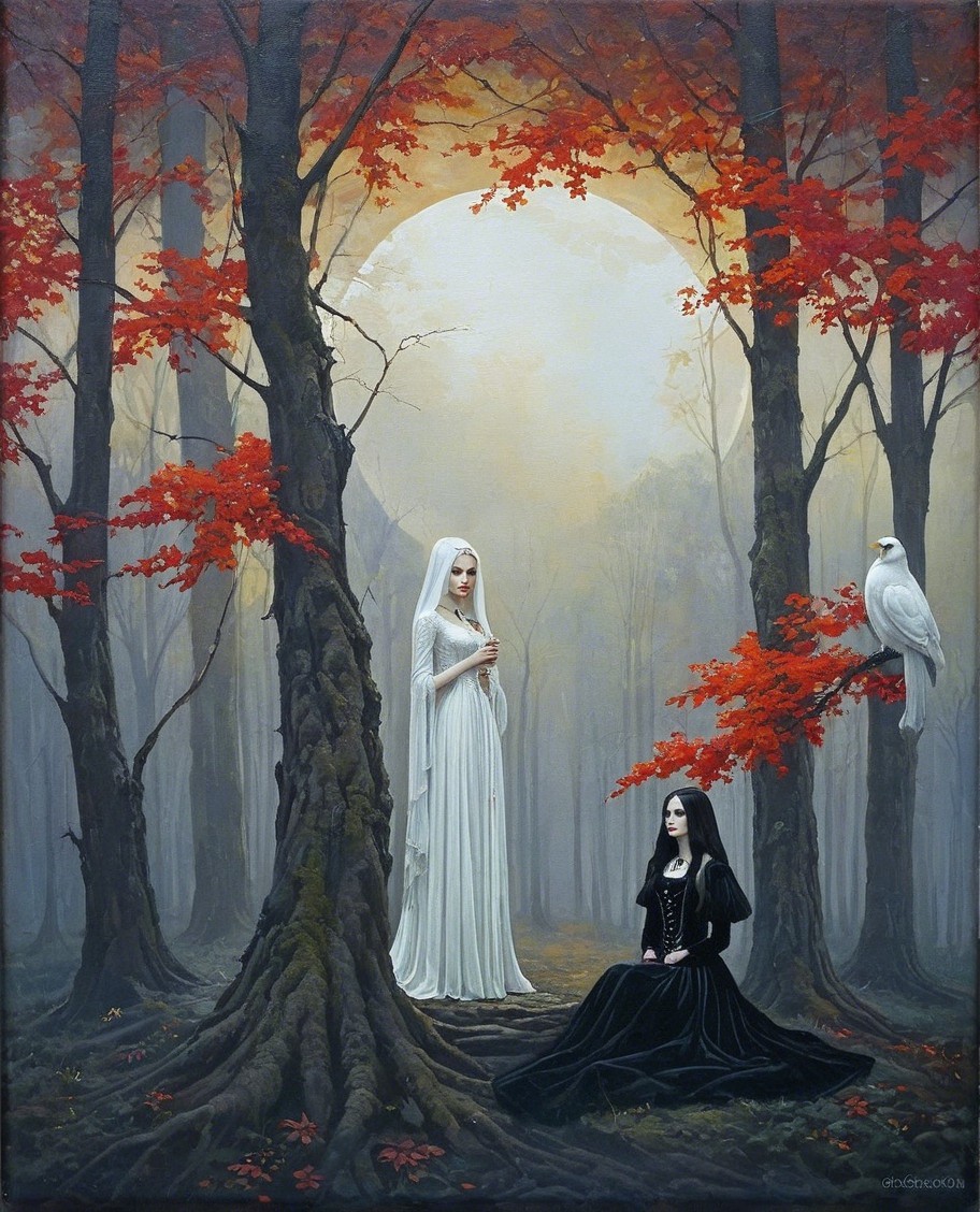 Ethereal Figures in a Misty Forest at Dusk