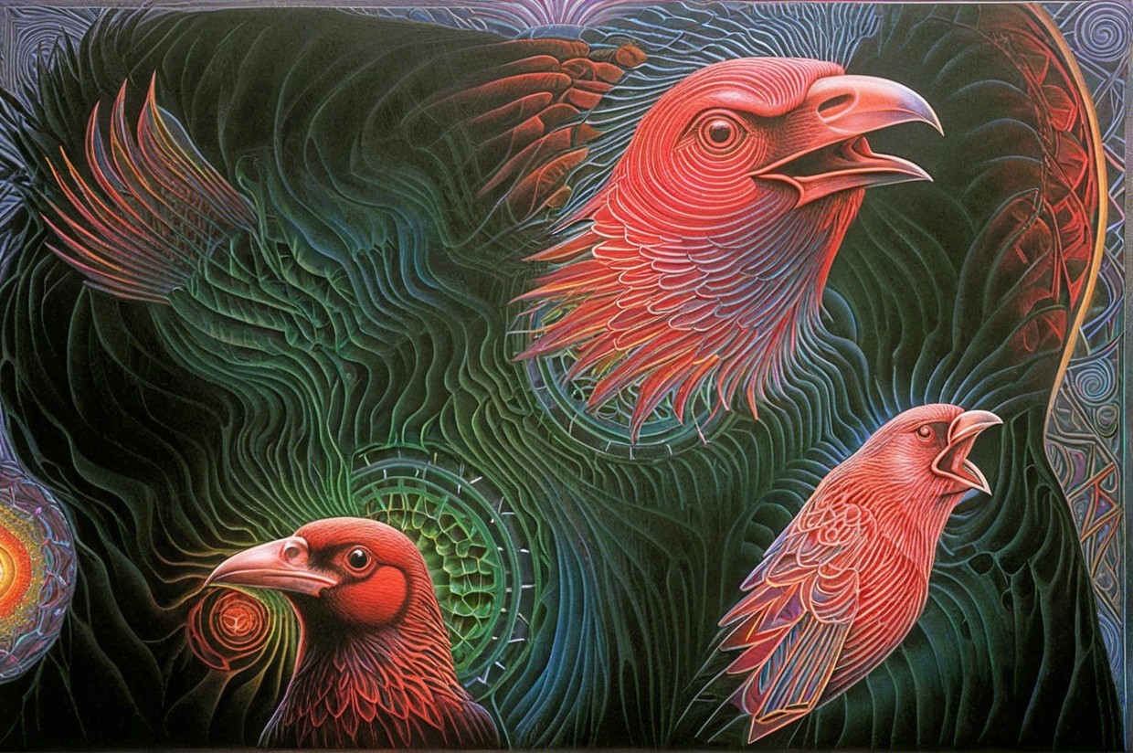 Vividly Colored Birds with Surreal Background Patterns