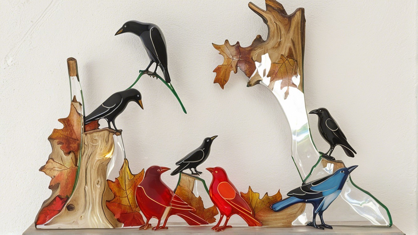 Decorative Wood and Glass Piece with Colorful Birds
