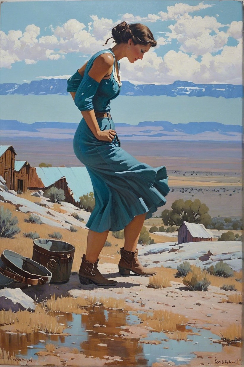 Woman in Blue Dress Against Desert Landscape