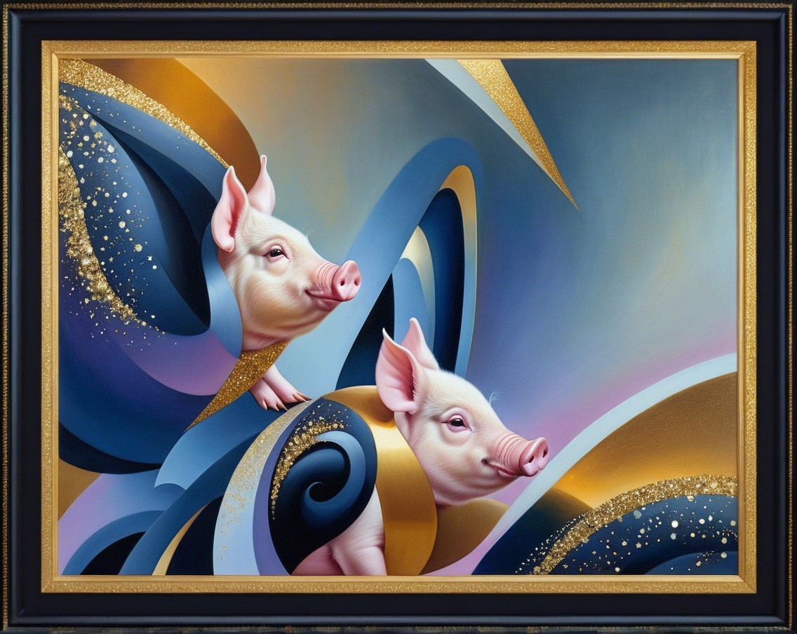 Playful Pigs in Whimsical Abstract Blue and Gold Art