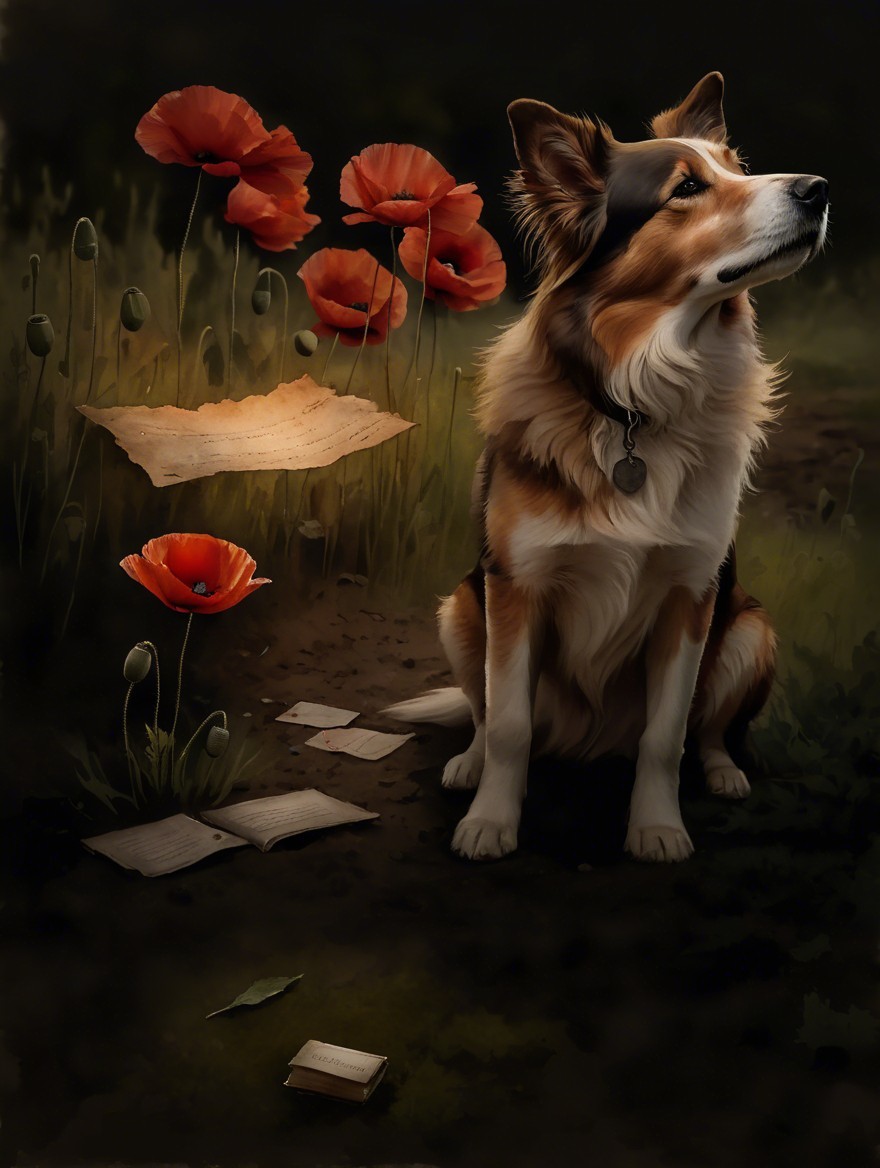 Thoughtful Dog Surrounded by Vibrant Poppies and Books
