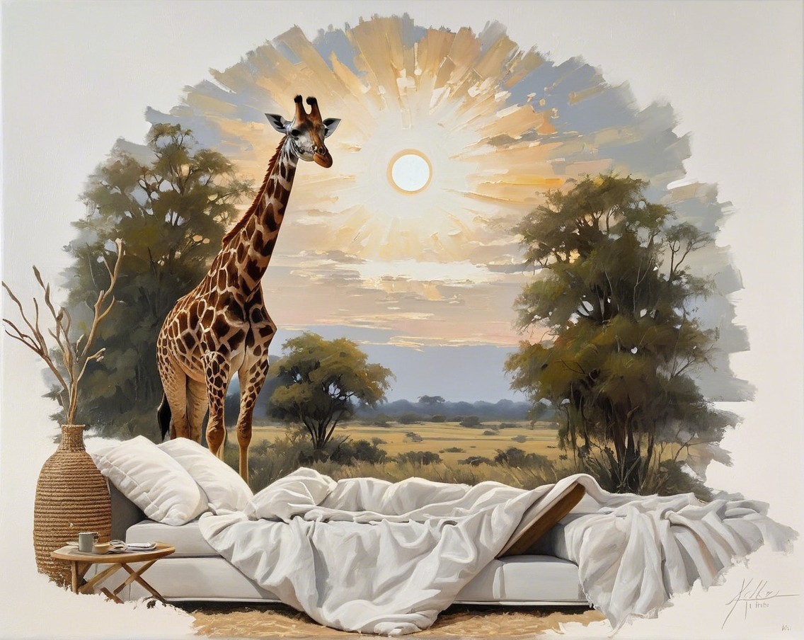 Giraffe by Bed with Sunrise Over Savannah Landscape