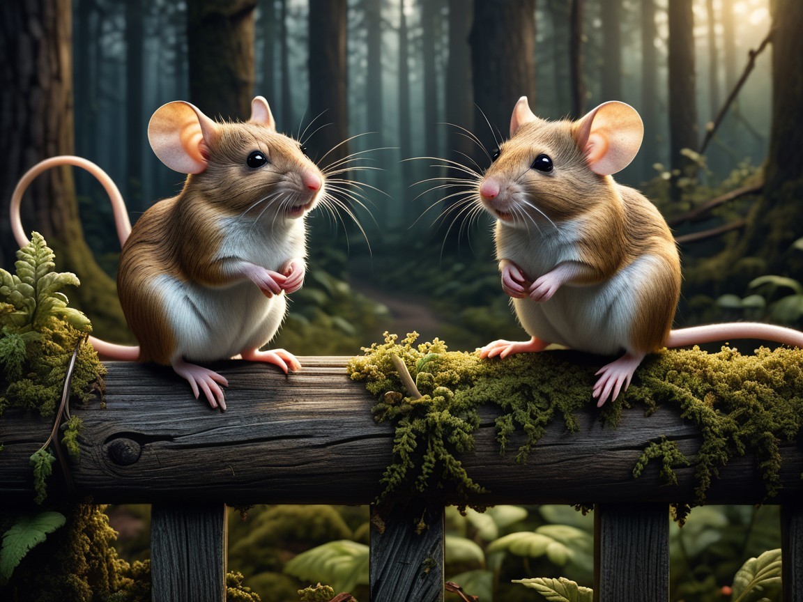 Mice on Moss-Covered Railing in Serene Forest Setting