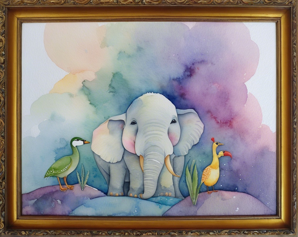 Watercolor Illustration of Elephant with Pastel Birds