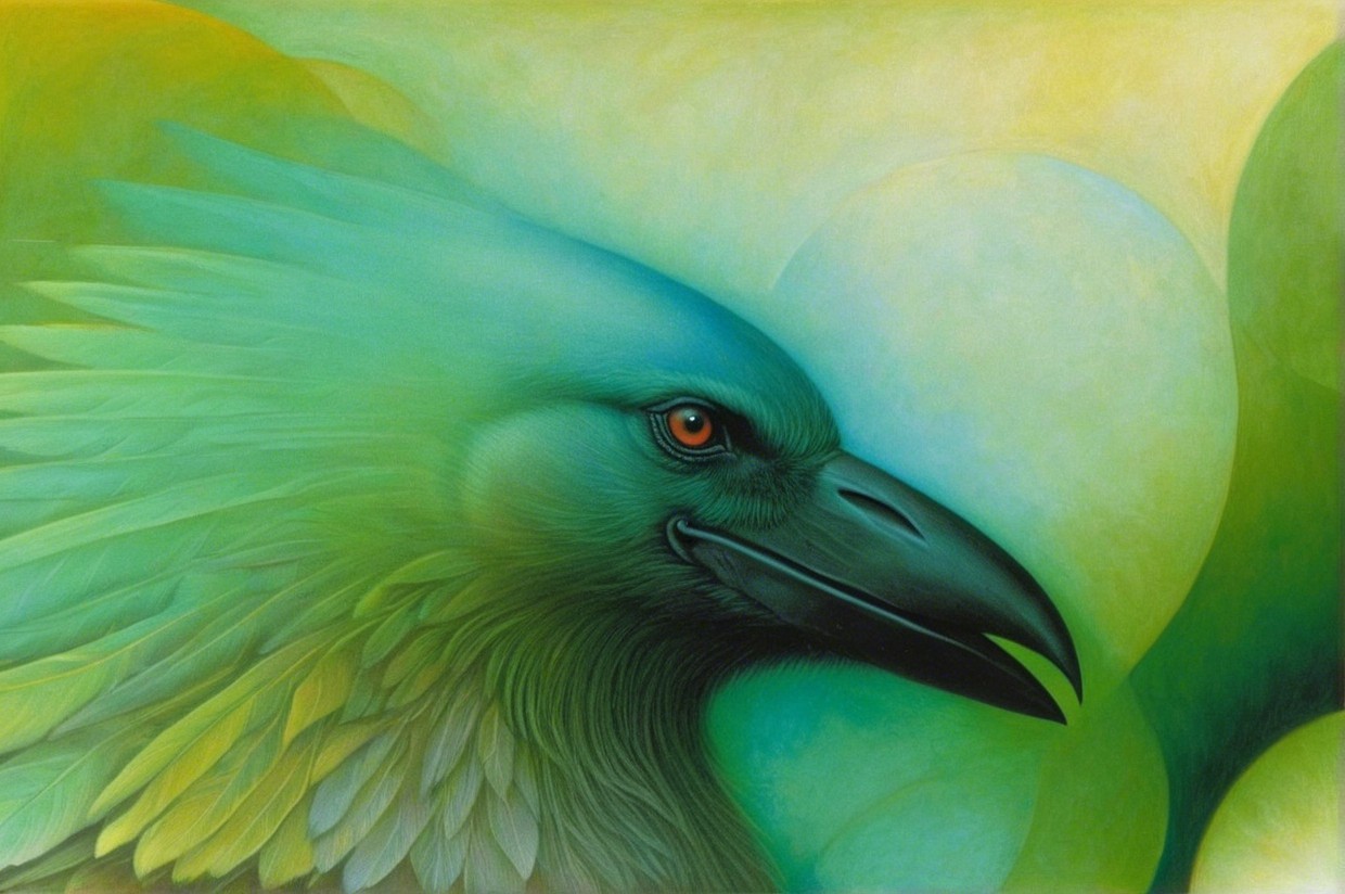Vibrant Stylized Bird Artwork in Green and Blue Shades
