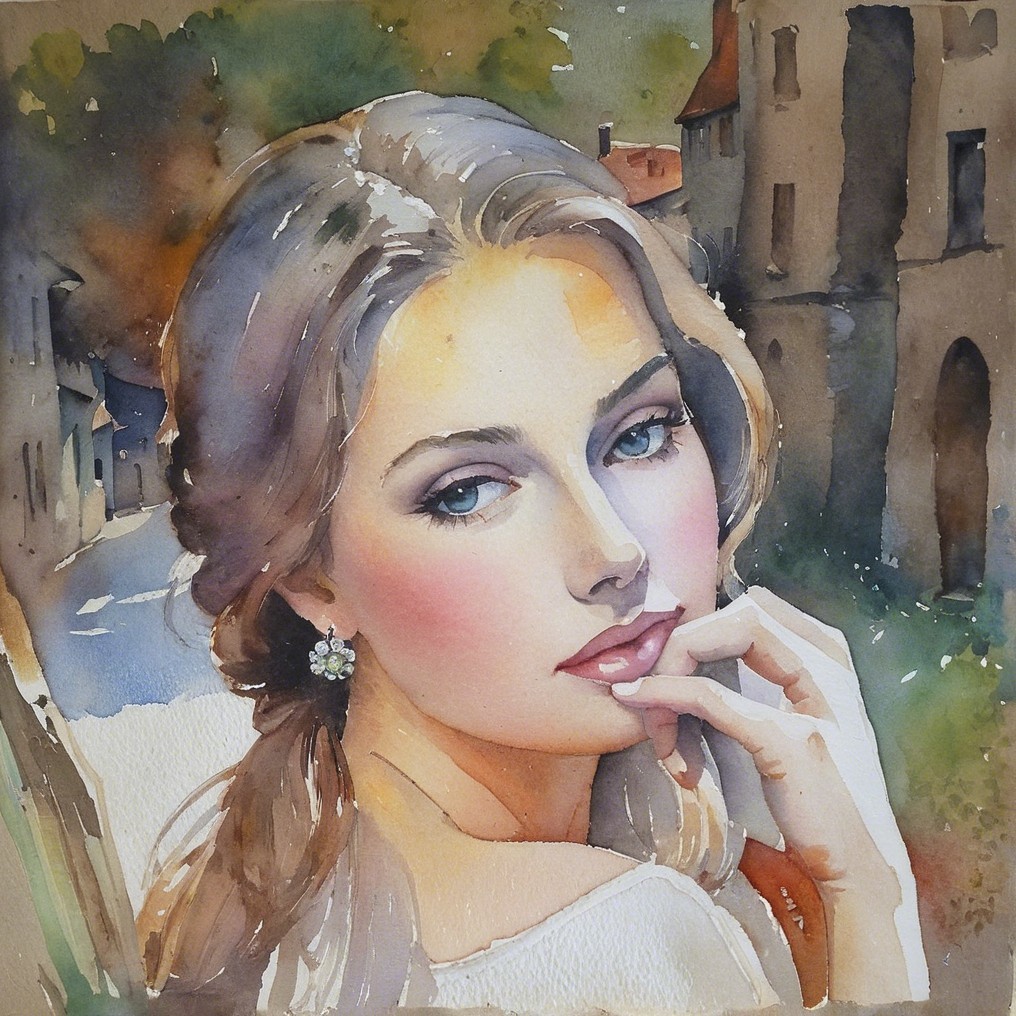 Watercolor Portrait of a Young Woman in a Village