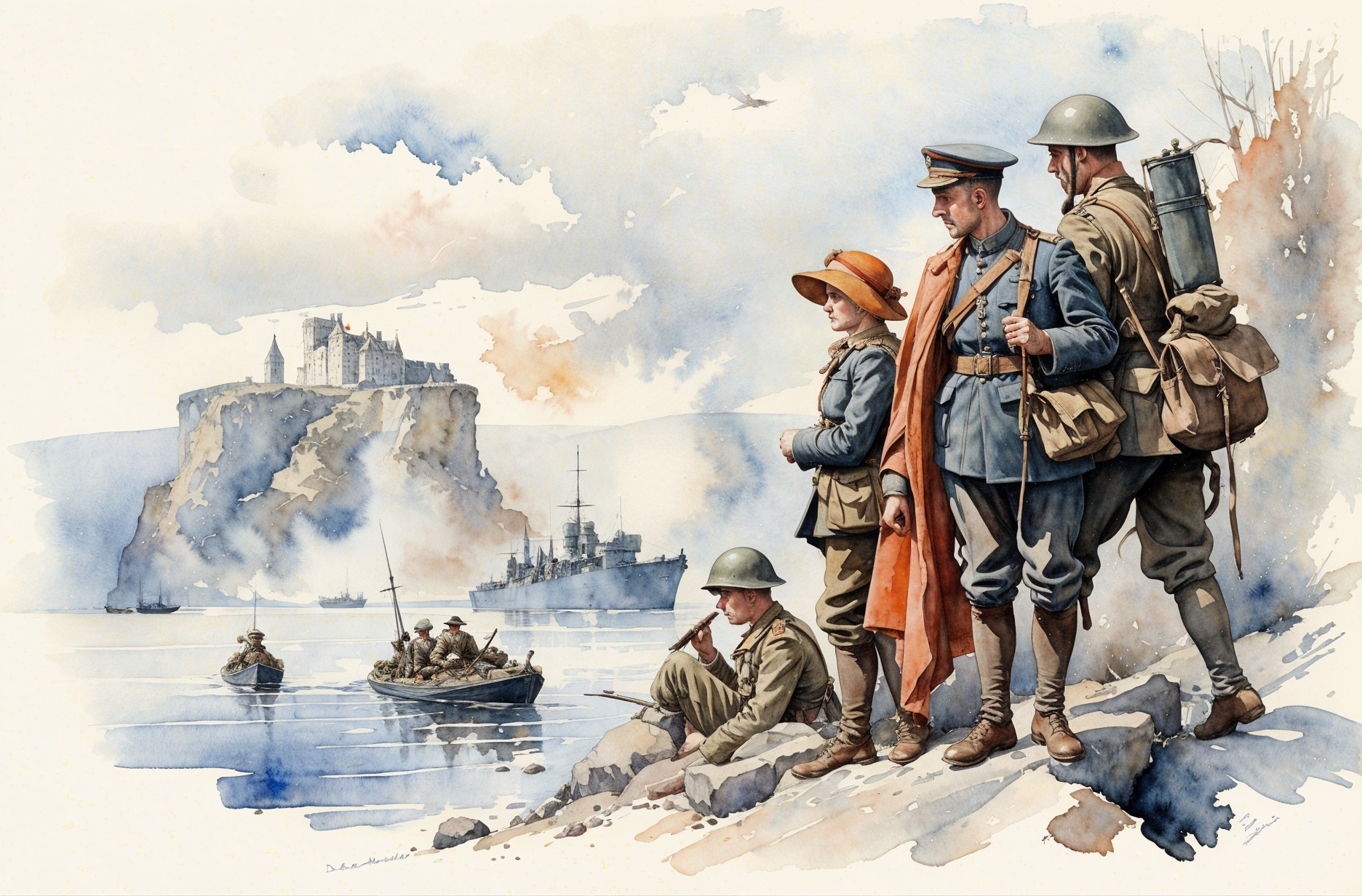 World War I Soldiers by Coastal Landscape with Castle