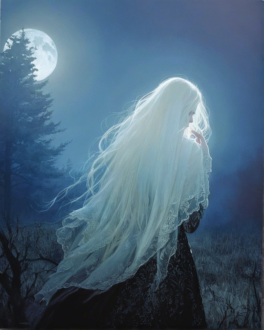 Haunting Scene of a Figure Under a Full Moon