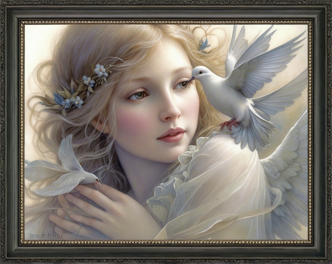 Serene Portrait of a Young Woman with Doves and Flowers