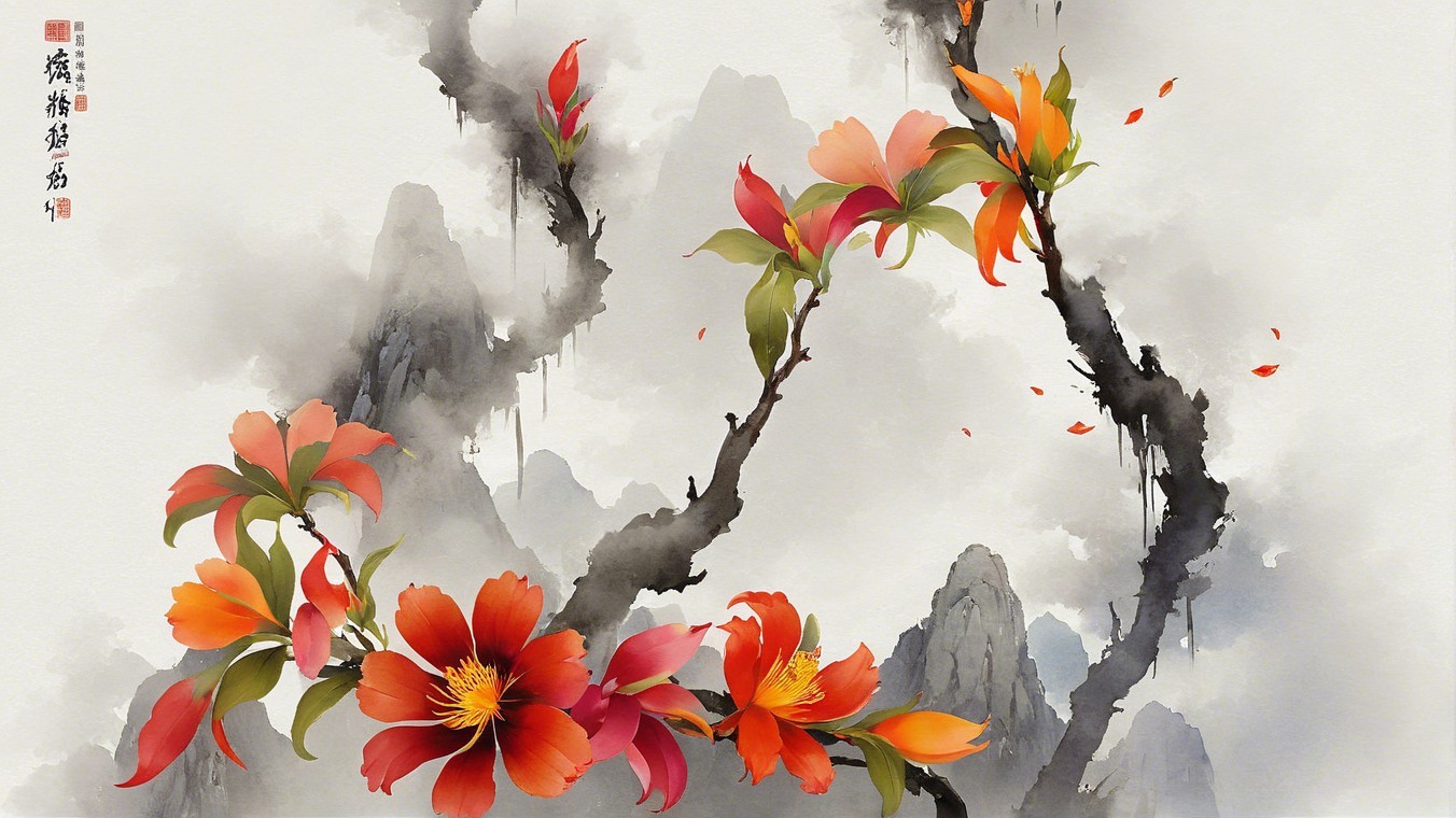 Serene Landscape with Floral Arrangements and Mountains