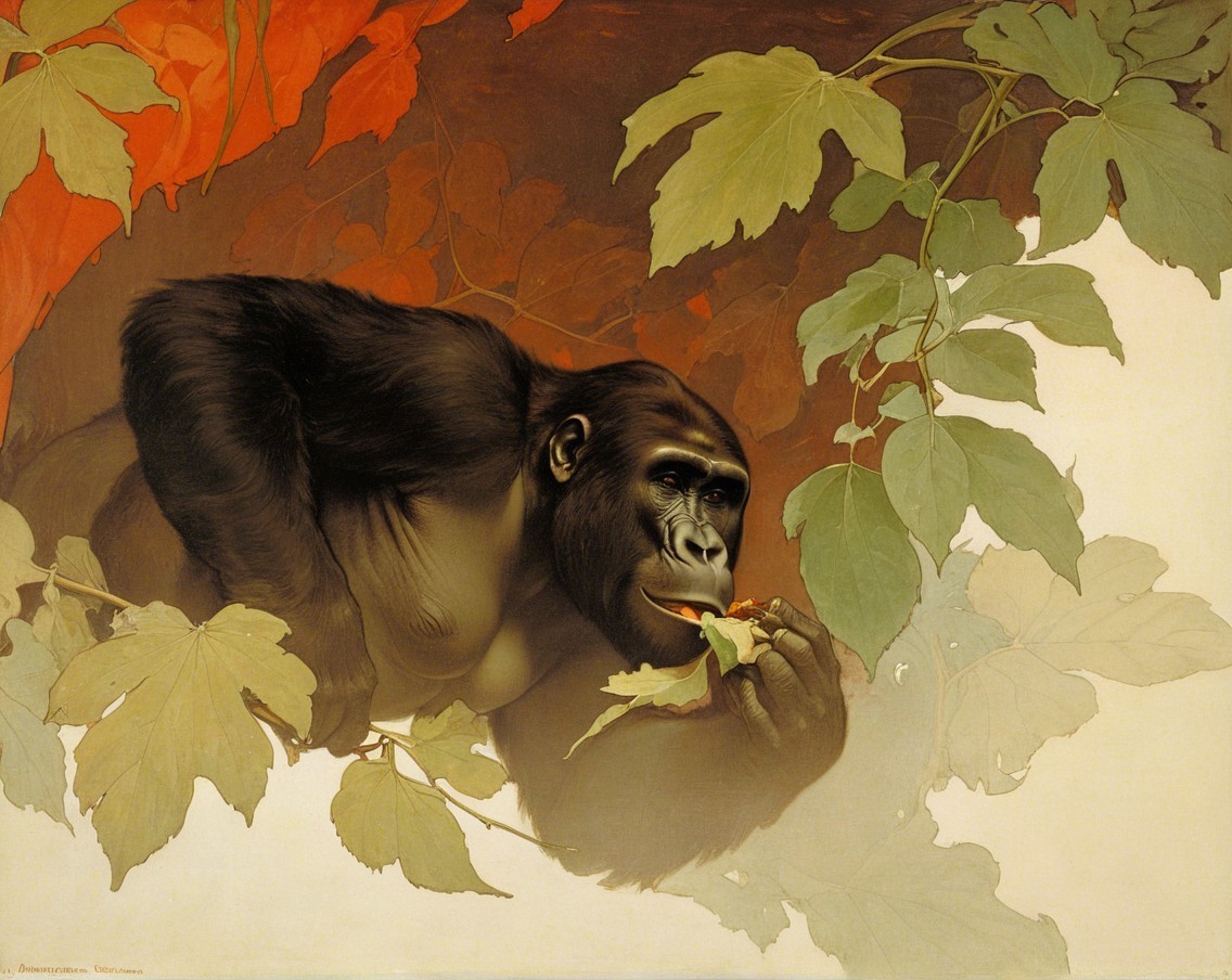 Realistic gorilla among vibrant green leaves and warmth