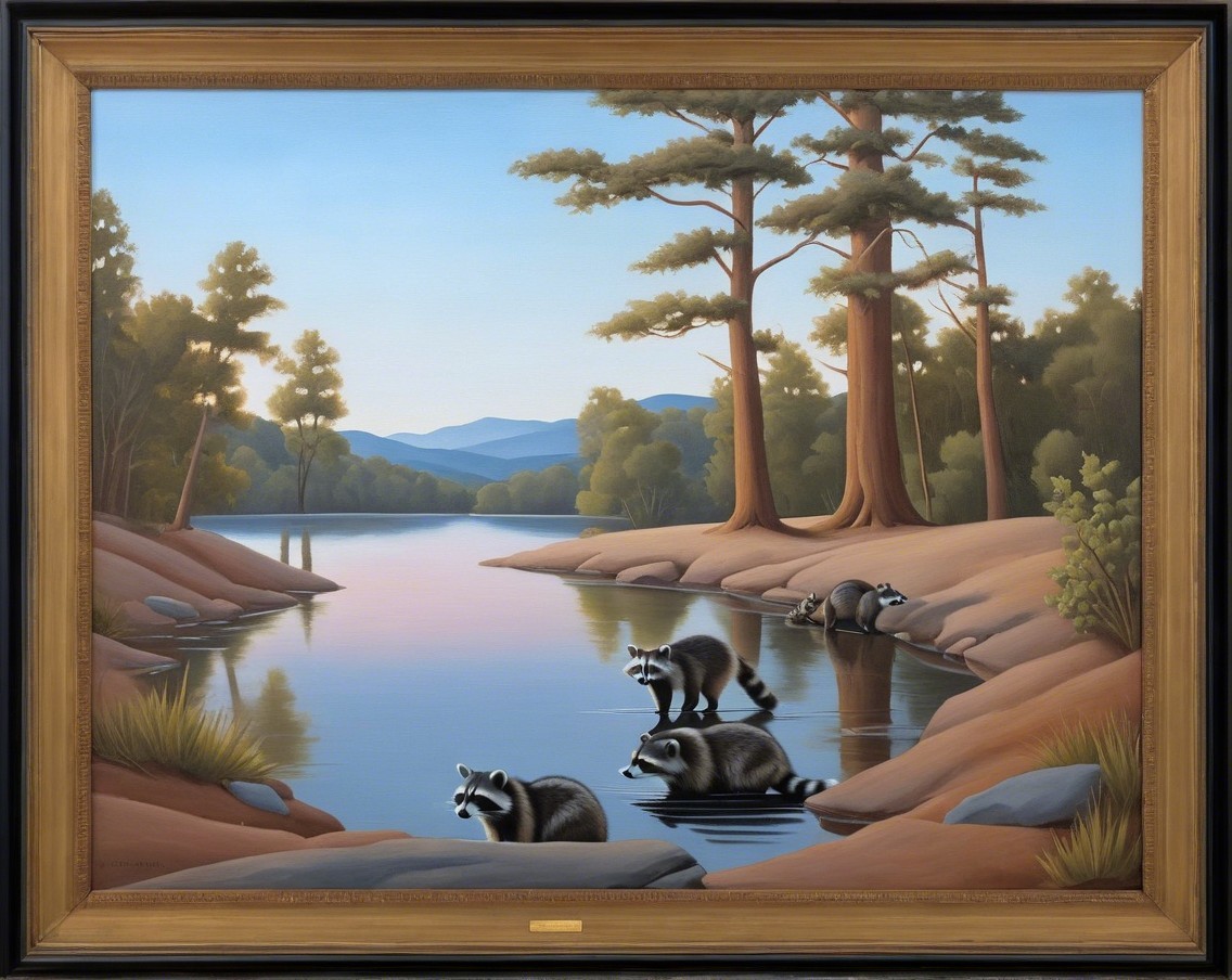 Riverside Scene with Raccoons at Dusk