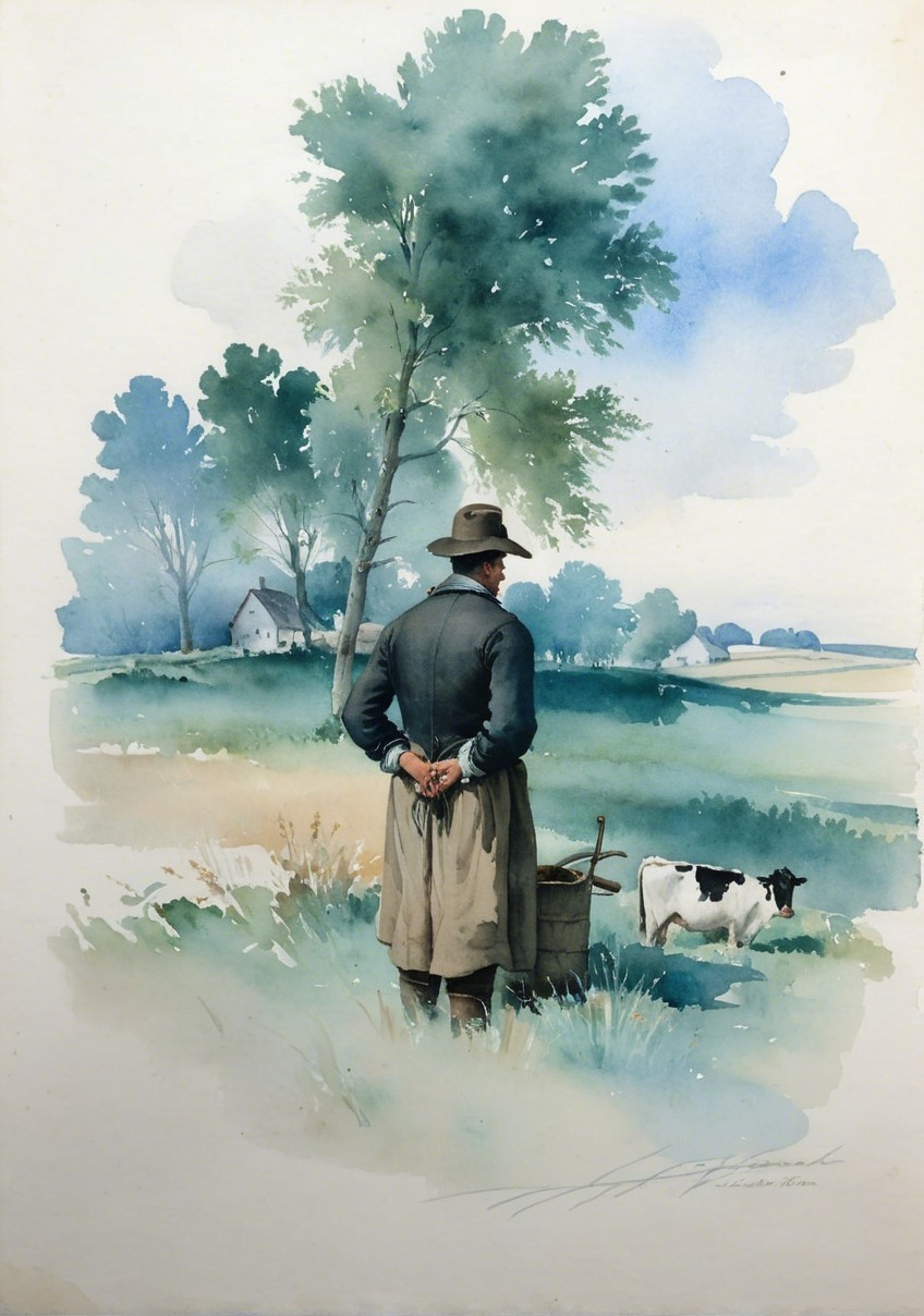 Watercolor Scene of Farmer in Lush Landscape