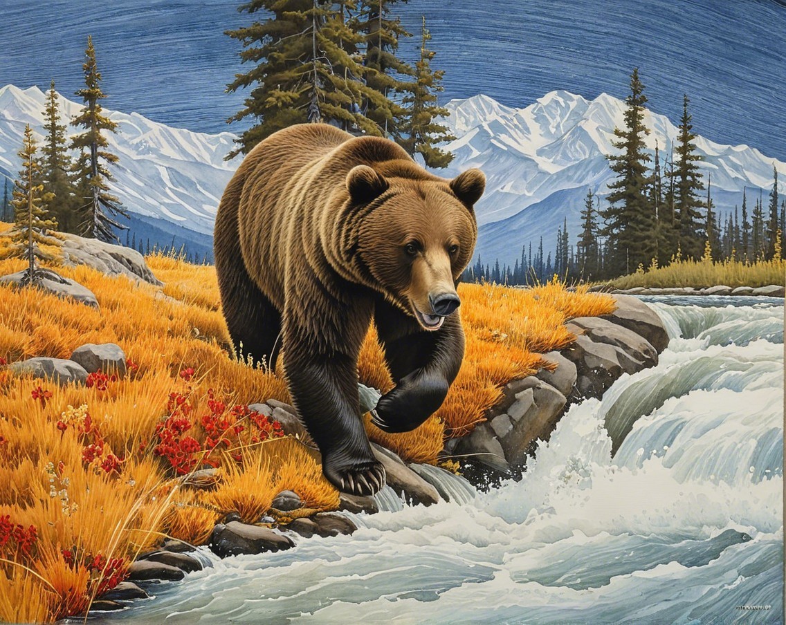 Brown bear walking by a rocky riverbank in autumn