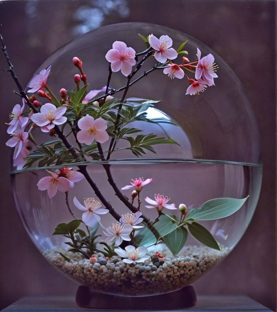 Round Glass Terrarium with Cherry Blossoms and Water