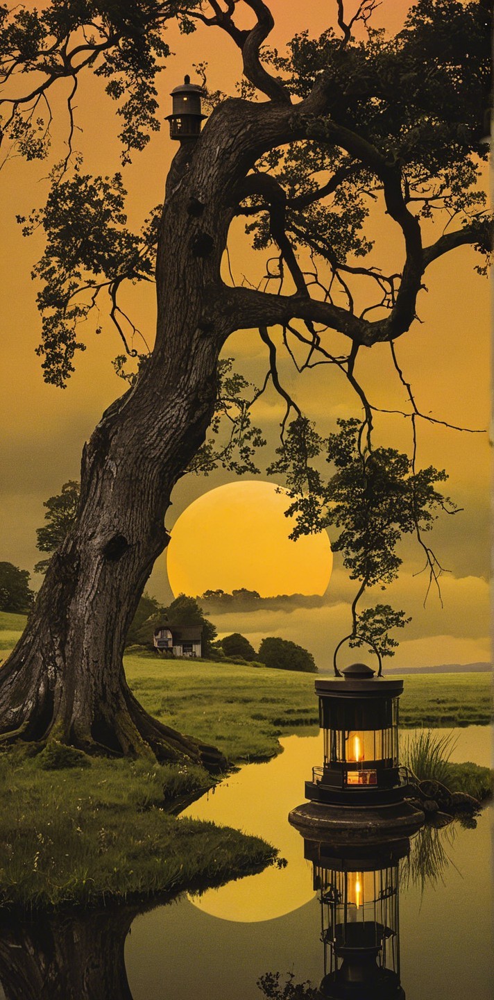 Majestic tree by tranquil waterway at sunset