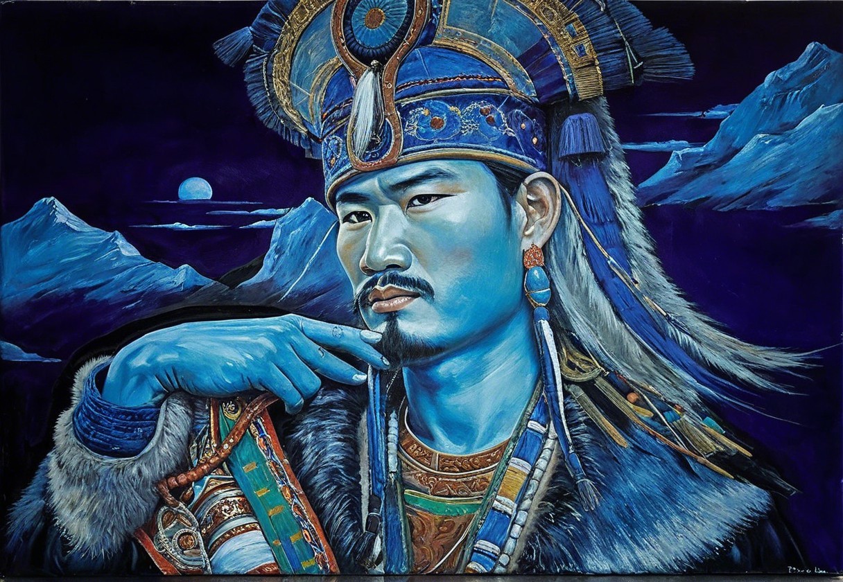 Vibrant Figure in Traditional Attire with Mystical Backdrop