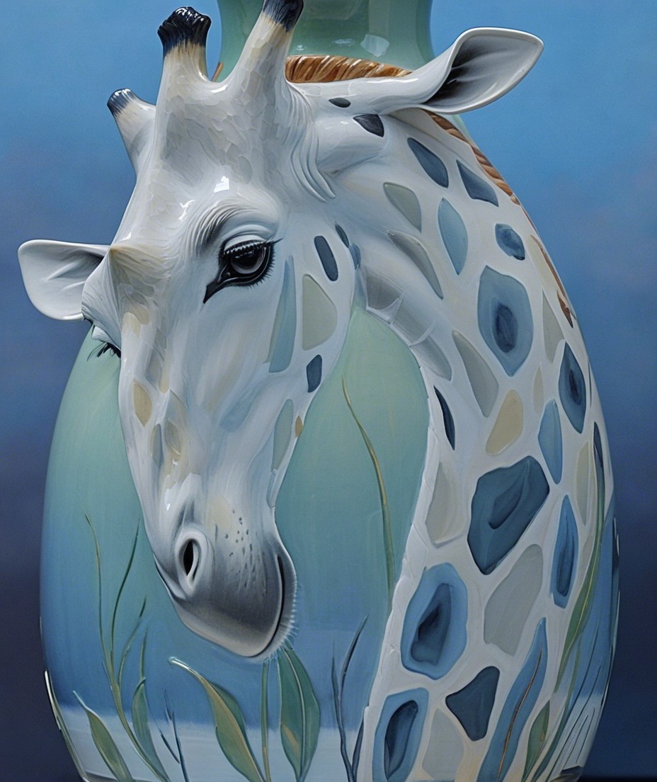 Decorative Giraffe Head Vase with Blue and Brown Design