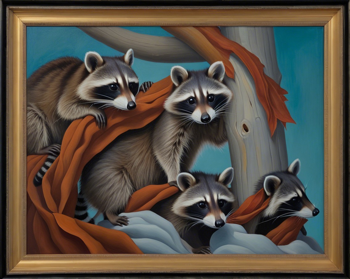 Vibrant Artwork of Raccoons on a Branch with Drapery