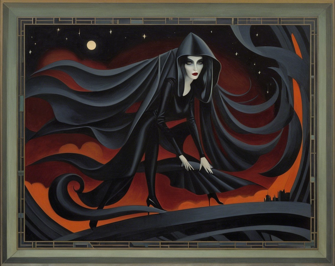 Mysterious Figure in Black Cloak Against Dramatic Sky