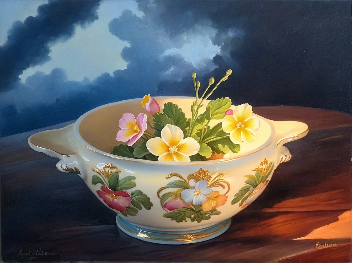 Porcelain Bowl with Floral Designs on Wooden Surface