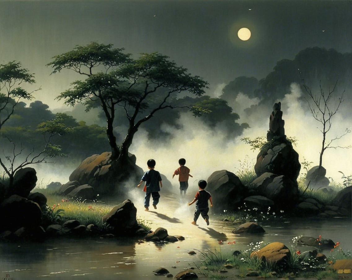 Children Walking Along a Moonlit Stream Path