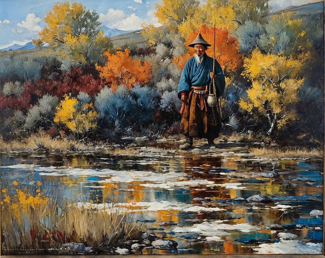 Serene Landscape with Man by Tranquil Stream