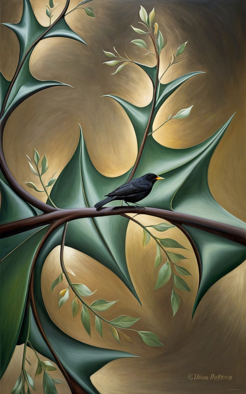 Stylized Bird on Branch with Abstract Green Leaves