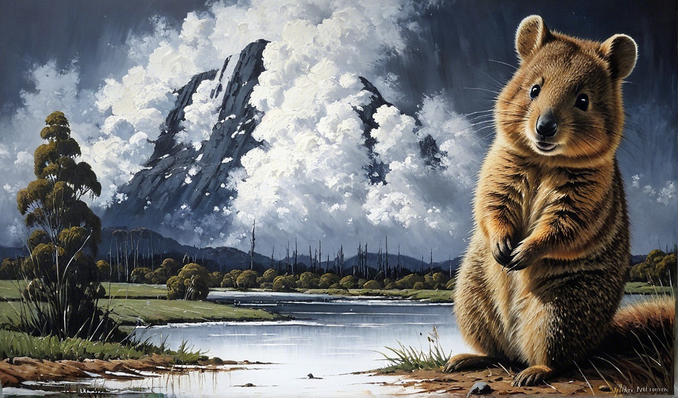 Quokka by a serene lake with majestic mountains