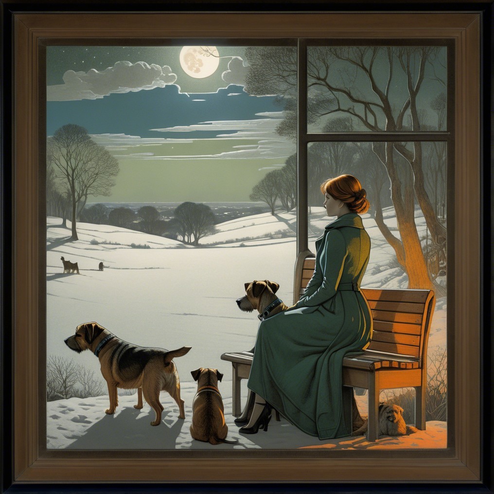 Painting of a woman in teal dress with dogs by window