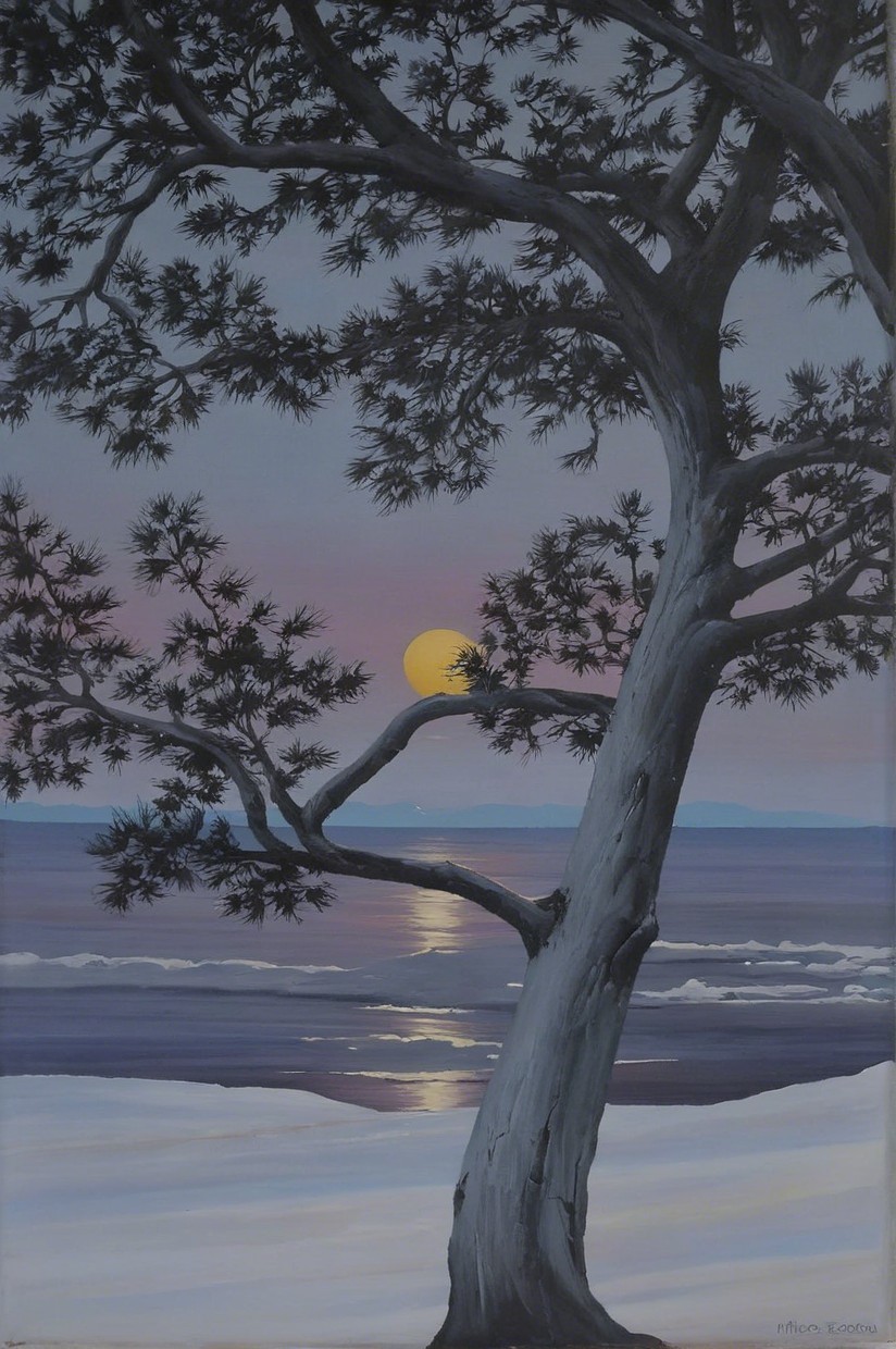 Serene Winter Landscape with Tree and Moon Reflection