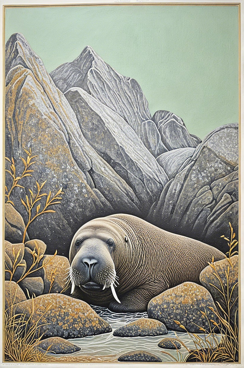 Walrus Resting Among Rocky Terrain and Mountains
