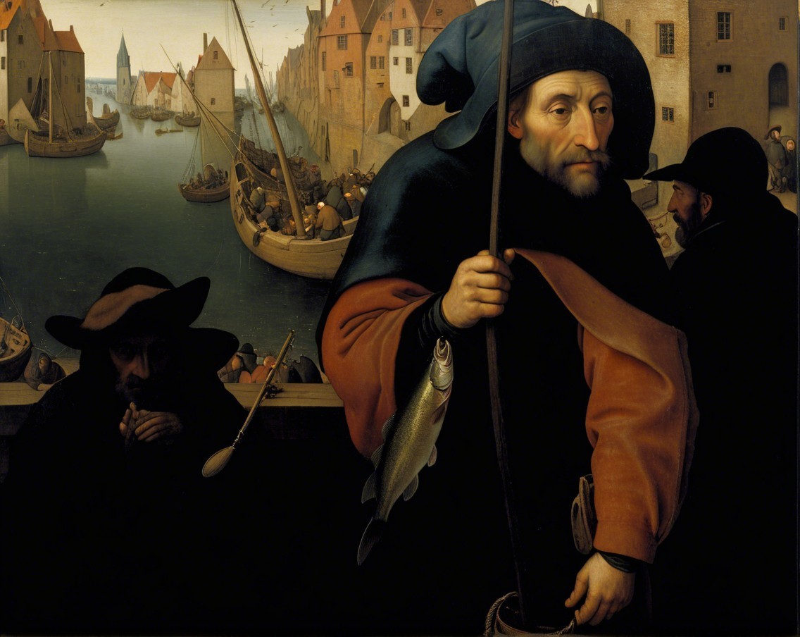 Fishing Scene by a River with Boats and Buildings