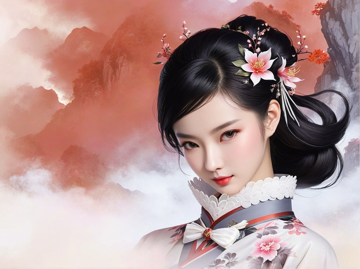 Elegant Woman in Traditional Floral Outfit with Mountains